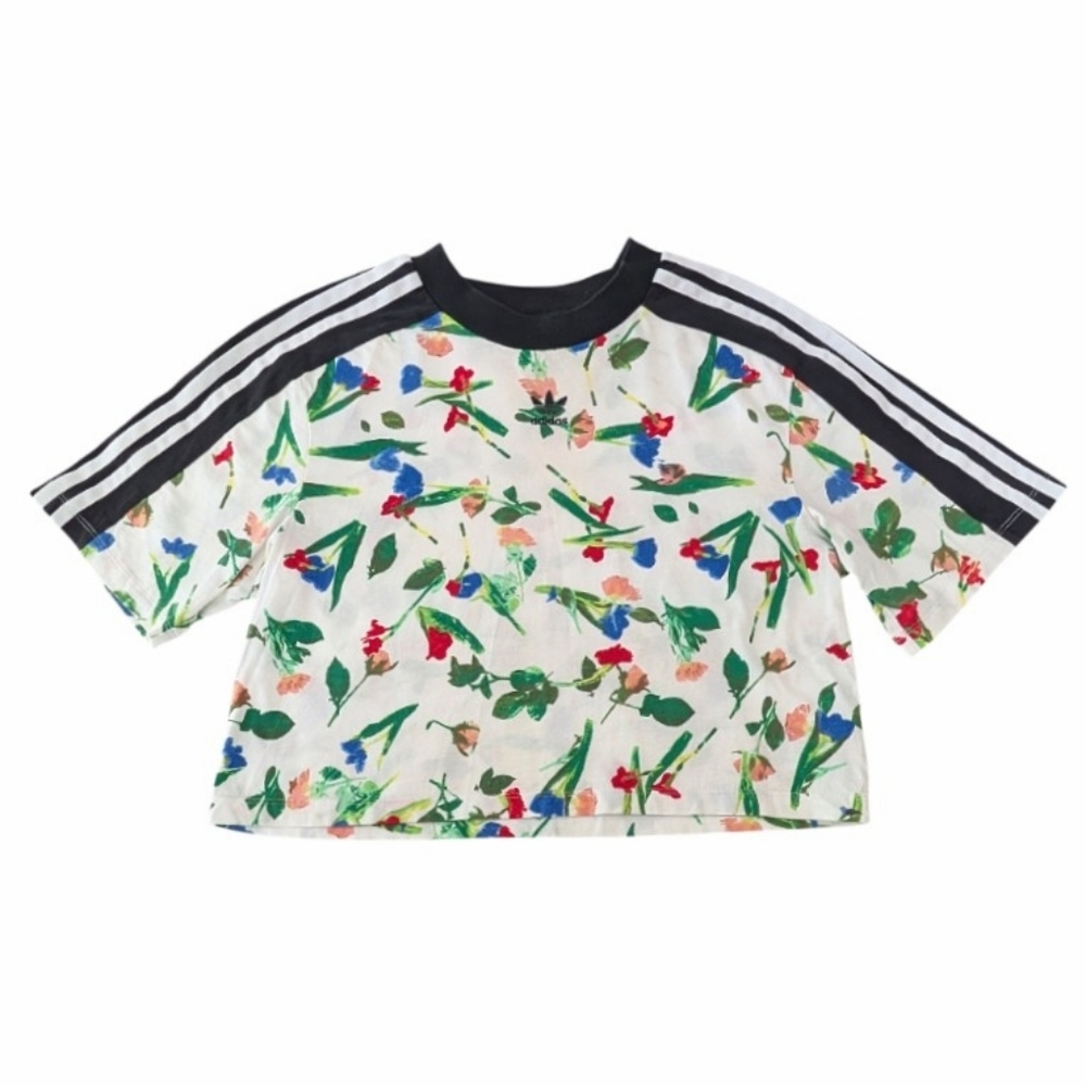 Adidas Originals Bellista Cropped Floral Tee Size S White Short Sleeve Sporty